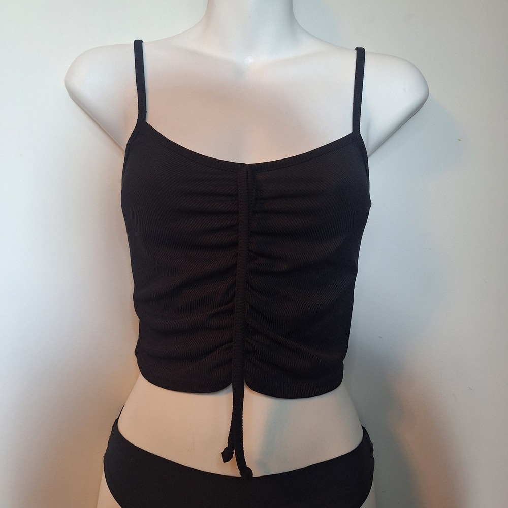 Boohoo Black Ribbed Ruched Front Cami Crop Top Adjustable Tie Size 4